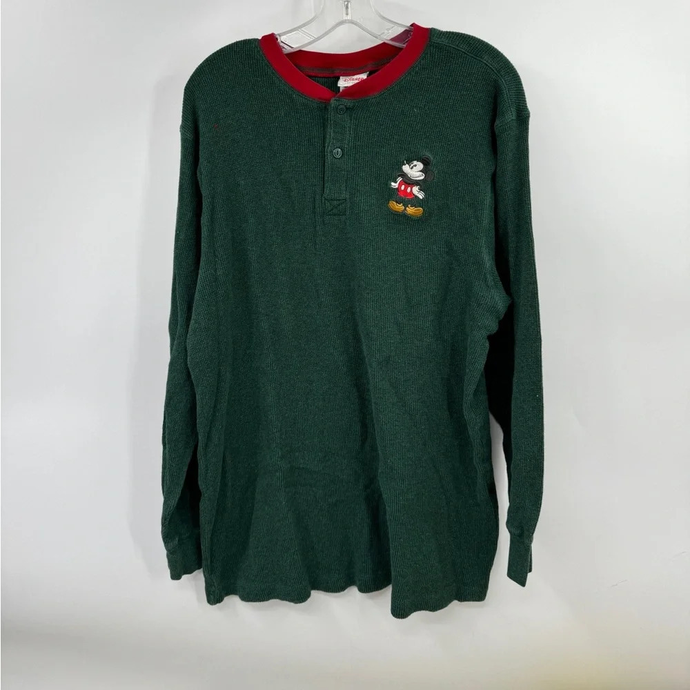 Disney Store  Henley Thermal Mens Sz M Embroidered Mickey Long Sleeve Shirt Y2K